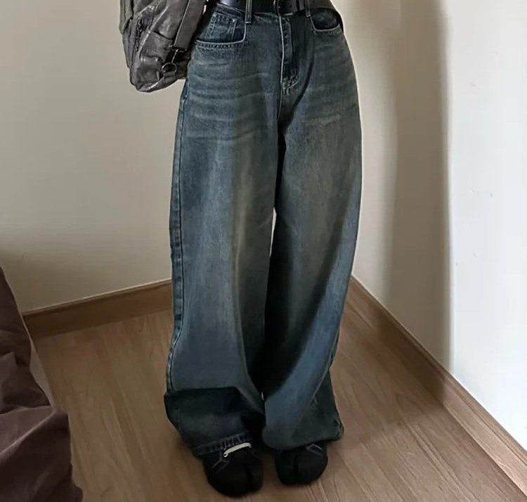 Vintage blue loose wide-leg denim pants in retro blue, full length