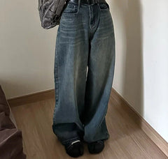 Vintage blue loose wide-leg denim pants in retro blue, full length