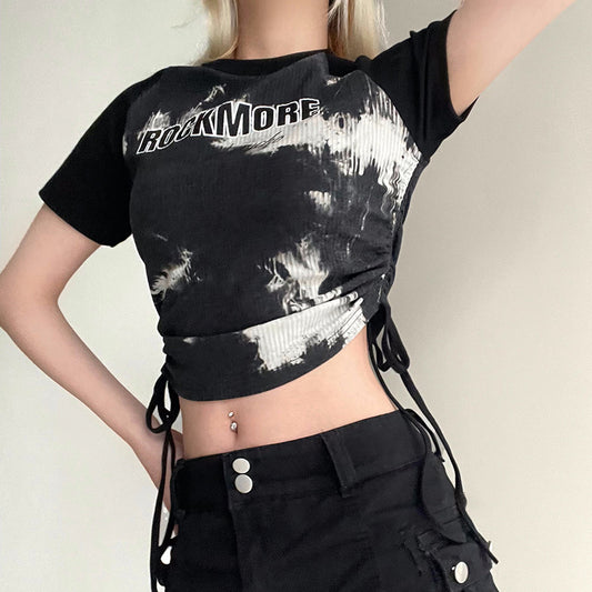 Side Tie Raglan Sleeve Rib Crop Top - fairypeony