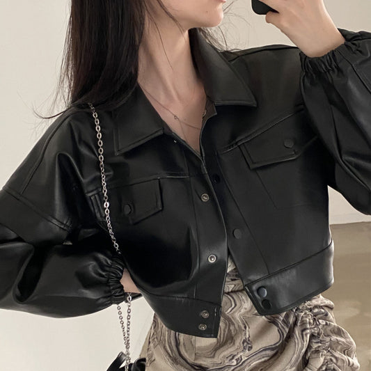 Button-Up Faux Leather Crop Jacket