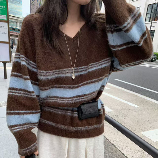 Vintage Fuzzy V-Neck Striped Sweater