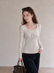 Lace Trim Faux Two-Piece Slimming Long-Sleeve Knit Top