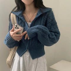 Solid Color Cable Knit Zip Up Cardigan