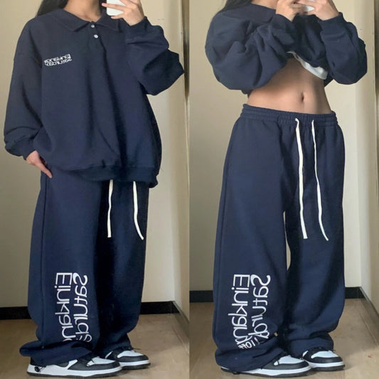Navy Blue Printed Baggy Sweatpants - fairypeony