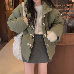 Winter cow horn button insulated hooded cotton coat