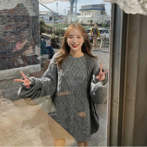 Solid Cable Knit Pullover Sweater - fairypeony