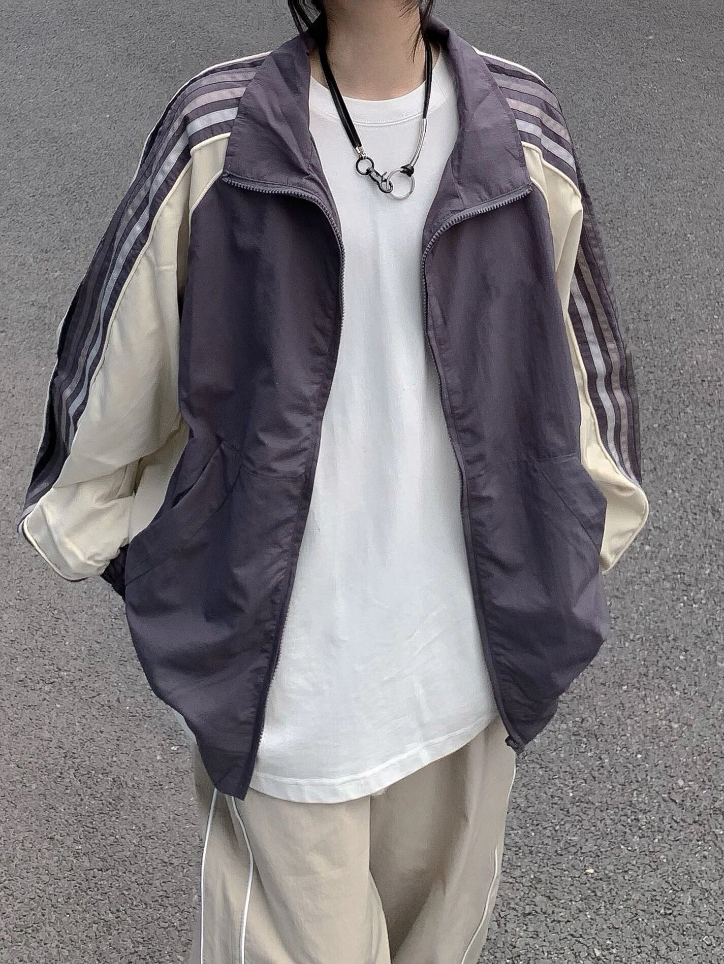 Contrast Stripe Zip Up Jacket - fairypeony