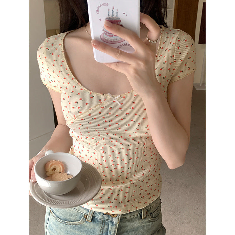 Bow Floral Print Short Sleeve Tee