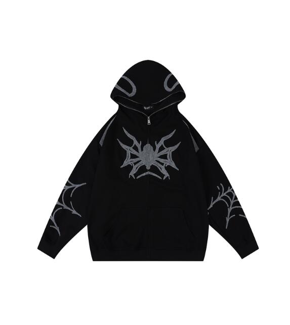 Embroidery Punk Spider Zip Up Hoodie - fairypeony