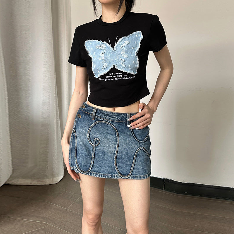 Vintage Butterfly Patchwork Short Sleeve Tee - fairypeony