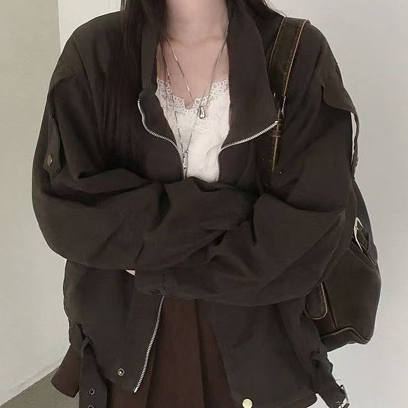 Stand collar relaxed fit woven jacket in brown, open with belt detail