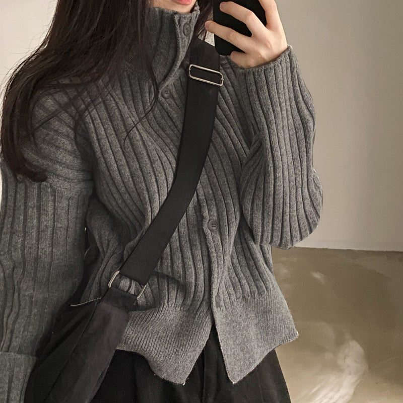Solid Color Striped Button Front Cardigan - fairypeony