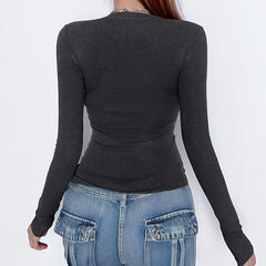 Lace Splice Crossover Long Sleeve Knit Tee