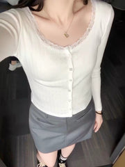 Lace Trim Hollow Long-Sleeve Slim-Fit Top – Eyelet Knit Cotton Cardigan
