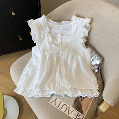 Aesthetic Ruffled V-Neck Fake Two Piece Blouse - fairypeony