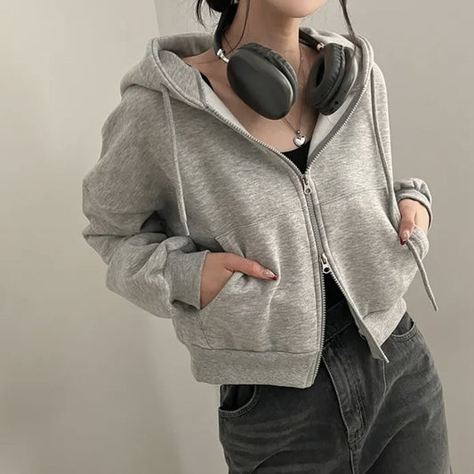 Solid Color Oversized Crop Zip Up Hoodie