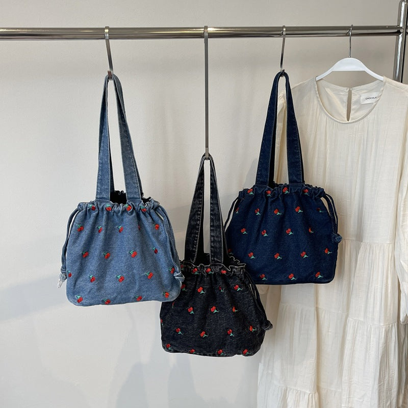 Cherry Embroidery Denim Shoulder Bag - fairypeony