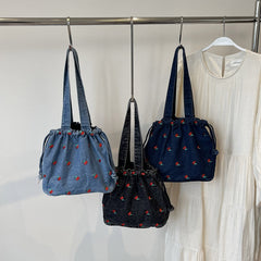 Cherry Embroidery Denim Shoulder Bag - fairypeony