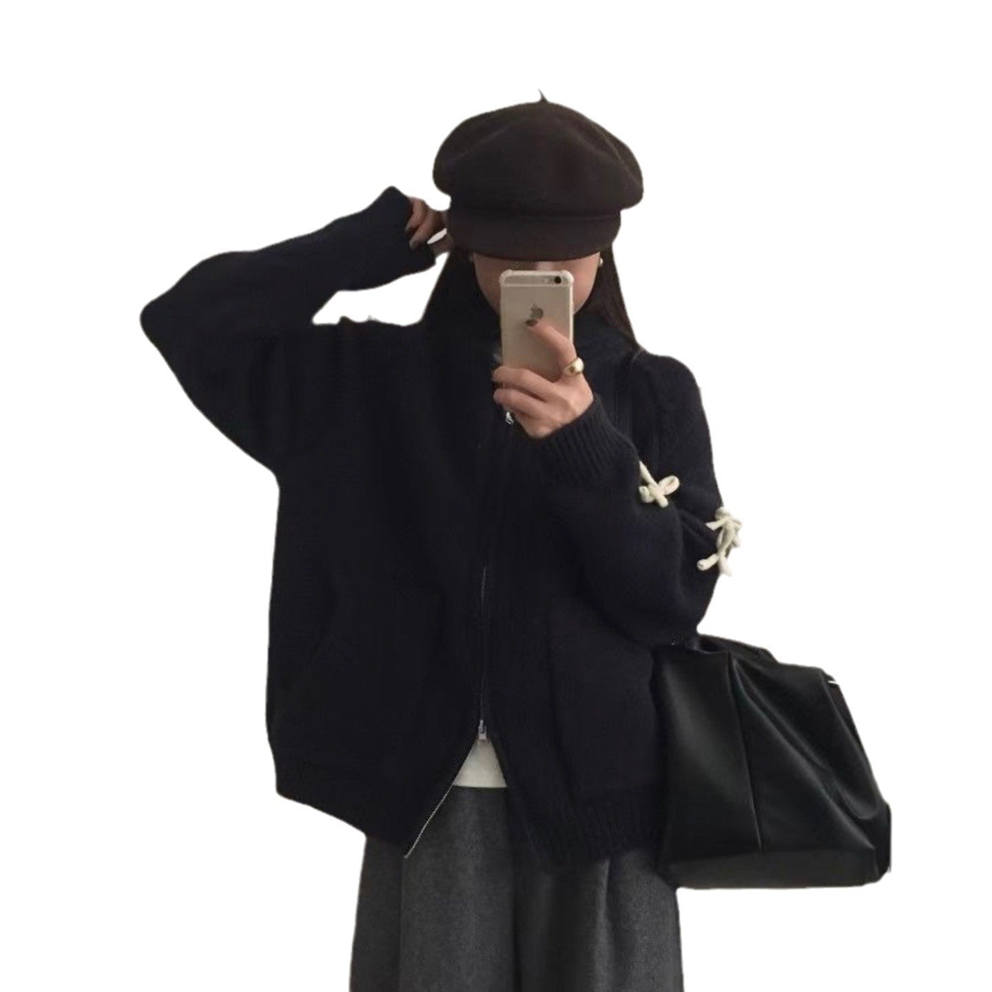 Bow Lazy Cardigan All-matching Lapel Zipper Sweater Coat - fairypeony