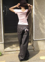 Loose Flared Denim Pants with Heart Pocket