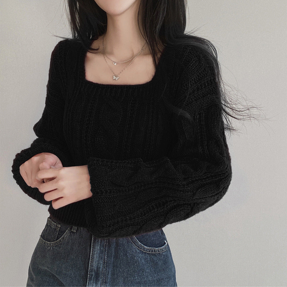 Solid Color Lantern Sleeve Square Collar Sweater