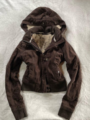 Brown Hooded Waist-Cinching Jacket