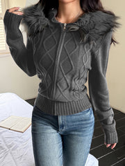 Women Plush Long Sleeve Zip Up Cardigan Sweater