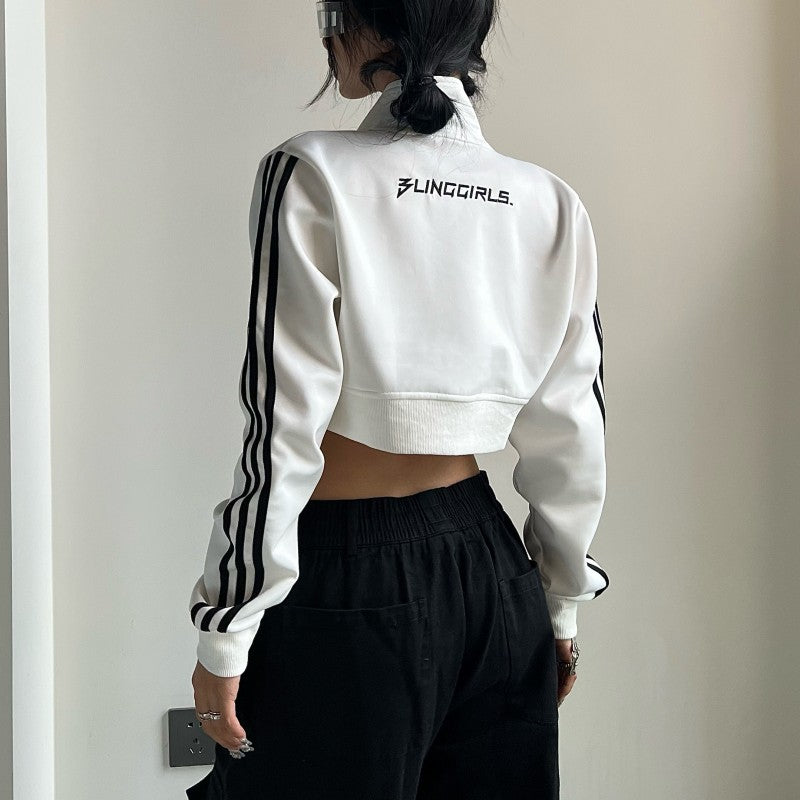 Side Stripe Zip Up Cropped Jacket - fairypeony