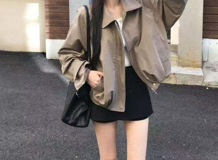 Lapel loose-fit short trench coat in Khaki, front view