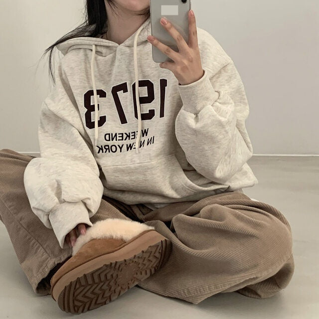 Vintage Solid Color Letter Embroidered Hoodie