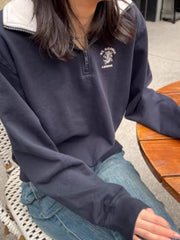 Vintage Letter Embroidered Half Zip Up Sweatshirt - fairypeony