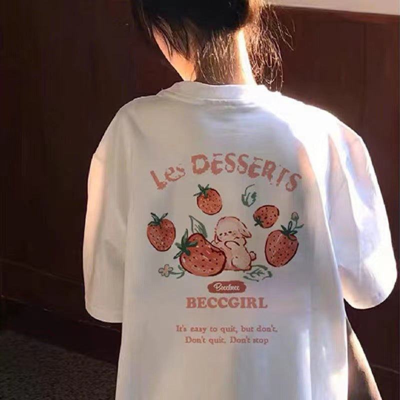Strawberry Rabbit Print Oversized T-shirt - fairypeony