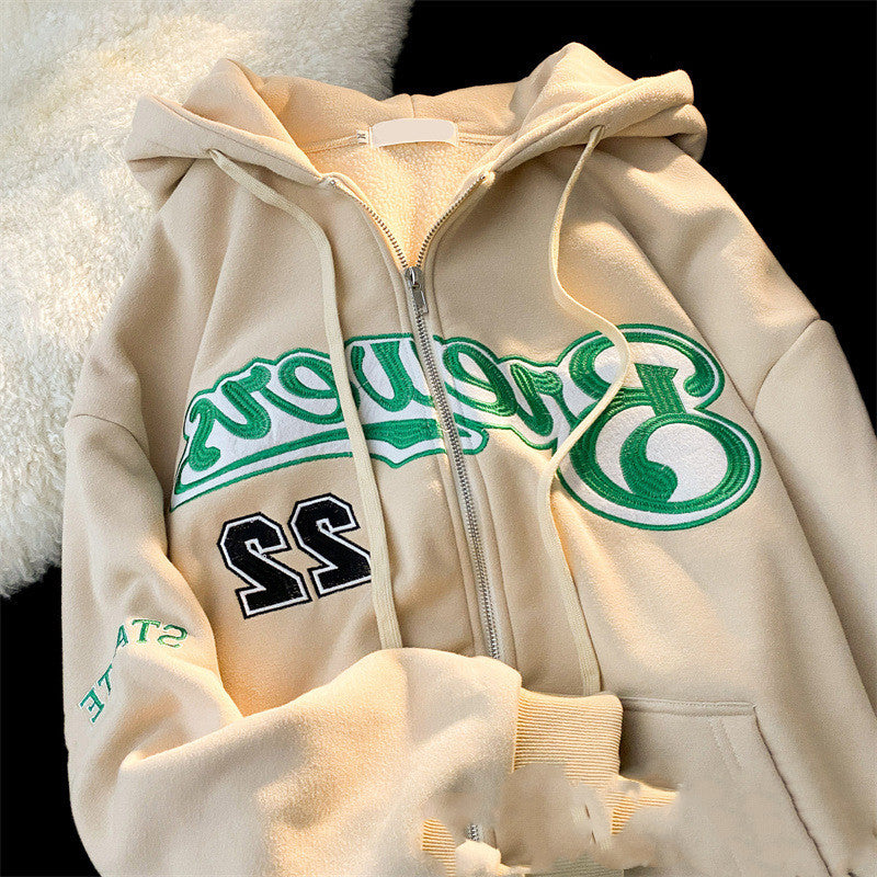 Logo Embroidery Zip Up Oversized Hoodie - fairypeony