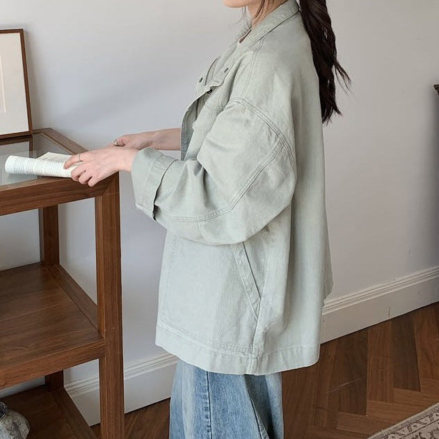 Stand Collar Long-Sleeve Coat – Snap Button Washed Cotton Jacket in 3 Colours