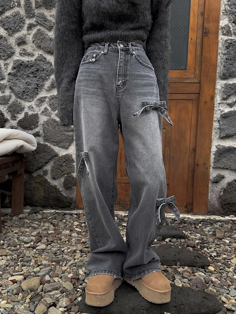 Vintage Straight-leg Bow Washed Jeans