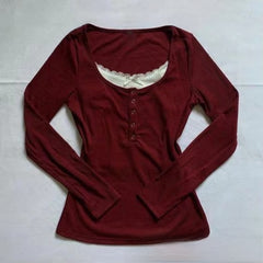 2000s Lace Panel Knit Top – Square Neck Button Detail in 4 Colours S–L