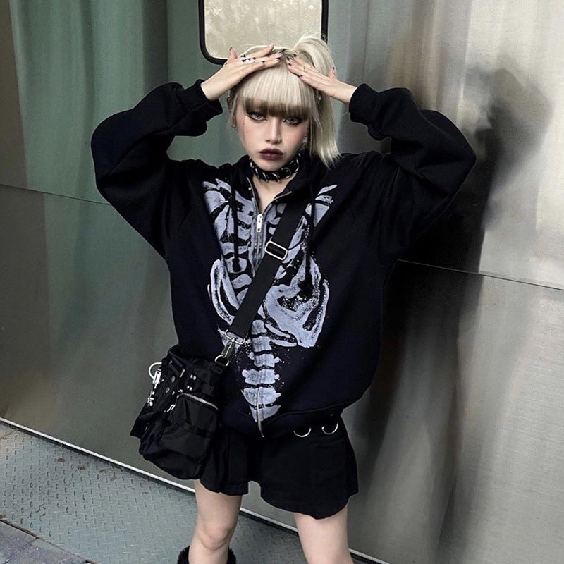 Skeleton Print Zip Up Loose Oversized Hoodie - fairypeony
