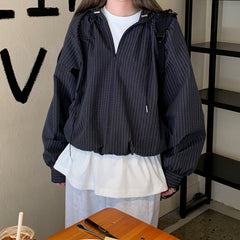 Lady's half-zipper hooded checked shirt