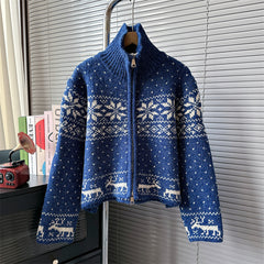 Aesthetic Snowflake Print Zip Up Cardigan