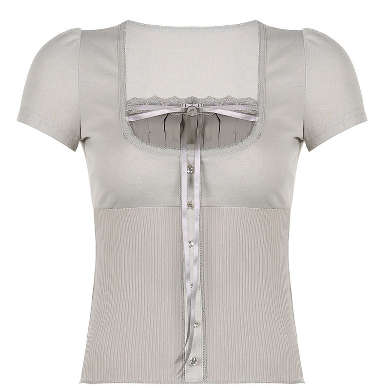 Lace Patchwork Square Neck Short Sleeve Tee