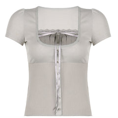 Lace Patchwork Square Neck Short Sleeve Tee