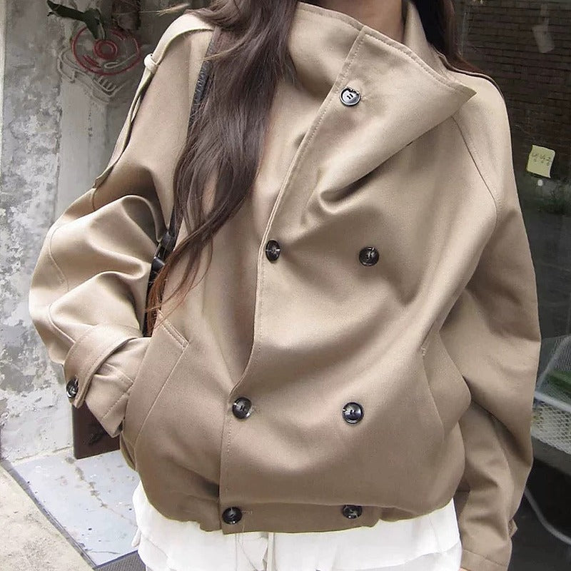 Stand collar double-button short coat in khaki, front view