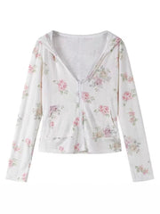 Women's Floral Print Hooded Zip-Up Jacket
