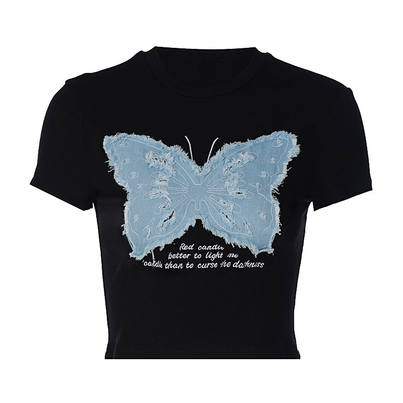 Vintage Butterfly Patchwork Short Sleeve Tee - fairypeony