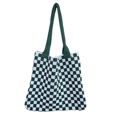 Aesthetic Checkered Print Knitted Tote Bag
