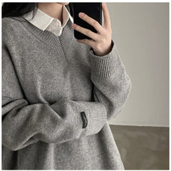 Dark Academia Solid Color V-Neck Pullover Sweater