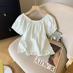 Aesthetic Lace Trim Tie-Up Puff Sleeve Blouse