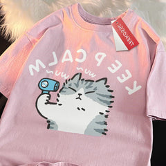 Keep Calm Cat Hair Dryer Print T-shirt