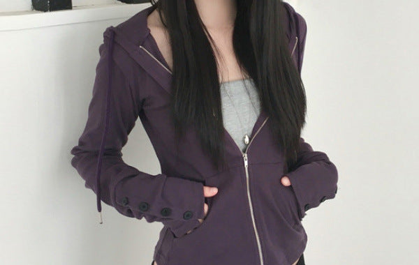 Butterfly sleeve hooded knit sweater in Purple, front view