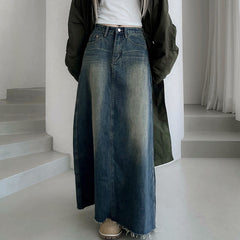 Washed Vintage Long Denim Skirt